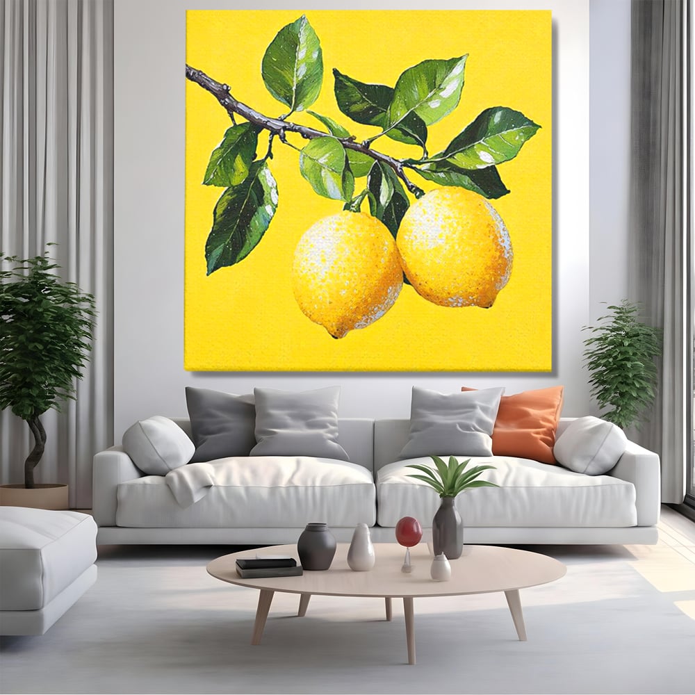 Tablou canvas cu tablou canvas cu doua lamai si frunze, fara rama, pe sasiu de lemn, pe perete intr-un living